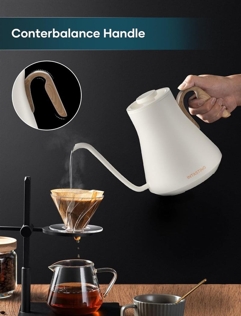 intasting Electric Kettle, Gooseneck Electric Kettle, ±1℉ Precise Temperature Control, Stainless Steel Interior, Quick Heating for Pour Over Coffee, Tea & Boiling Water, 0.9L (Cream White) - Image 2